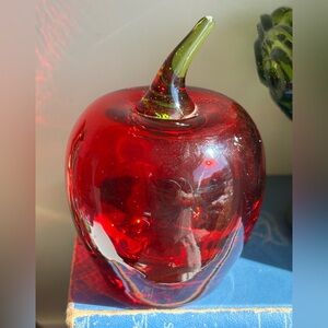 Viking art glass paperweight MCM collectible ruby red apple with green stem
